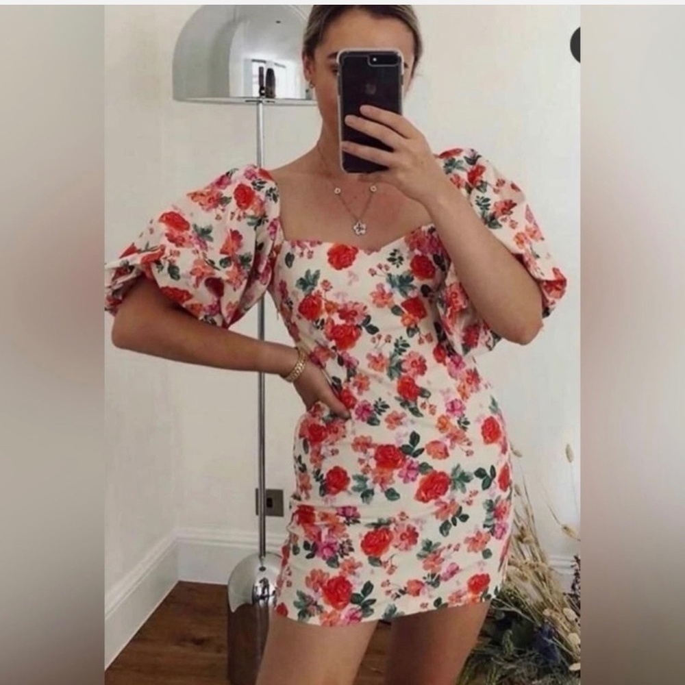 Zara Floral Puff Sleeve “The Caroline” Mini Dress – Pink Floral – Size XS, NWOT